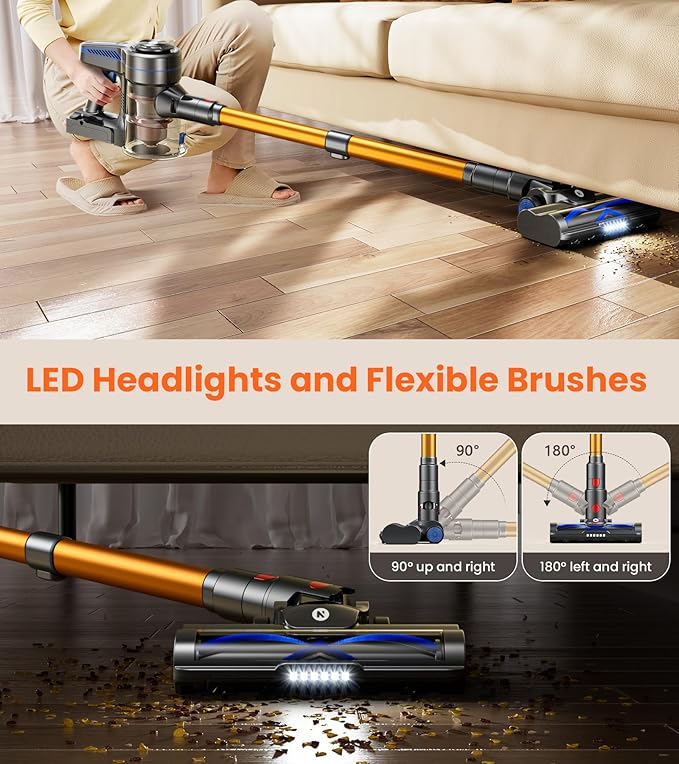 NADALY Cordless Vacuum Cleaner, 500W 40KPa Self-Standing Stick Vacuum with 45-Min Runtime, Anti-Tangle V-Shaped Brush, 1.5L Large Dust Cup, Lightweight for Hardwood Floor Carpet Pet Hair