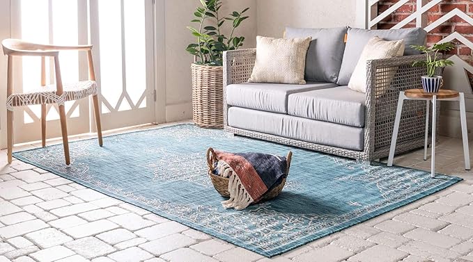 Unique Loom Outdoor Traditional Collection Area Rug - Antique (7' 1" x 10' Rectangle, Teal/ Gray)