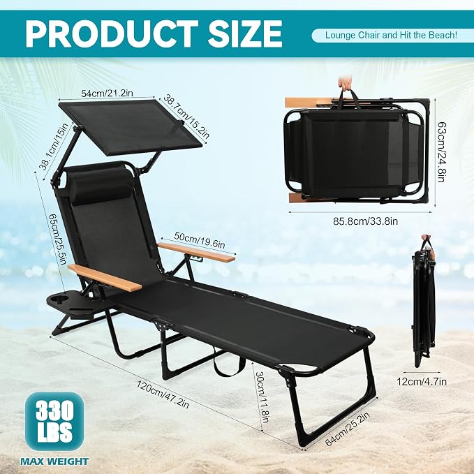 Beach Lounge Chair, Folding Outdoor Chaise Lounge Chair with Arms, 4-Position Backrest, Extended Sun Tanning Chair Pillow & Cup Holder, Patio Lounger for Outside for Beach Pool Patio Yard (Black-U)