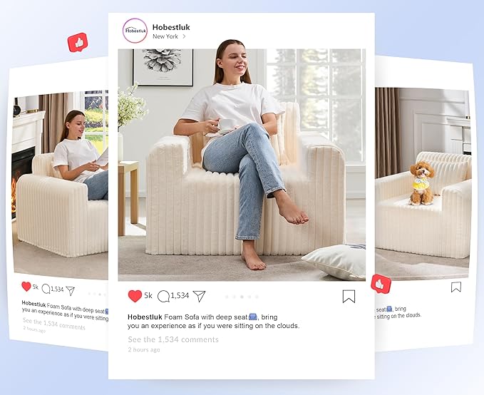 Hobestluk Single Sofa Foam Couch Sofa for Small Spaces Comfy Sofas with Removable Cover Furry Couch with Pillows for Living Room, Bedroom, Apartment, Office (White, Standard)