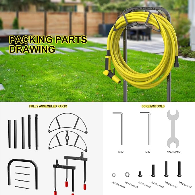 Suchek Garden Hose Holder, Upgraded 4 Spikes Water Hose Holder, Heavy Duty Hose Stand Holds 150ft Hose, Freestanding Hose Hanger, Hose Storage Organizer for Outside Yard Lawn (Black)
