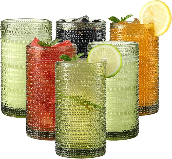 AkutaaVintage Hobnail Drinking Glasses Set of 12, 16 oz Large Capacity Embossed Green Tumblers, Highball Glasses for Water, Cocktail, Beer, Whiskey, Kitchen & Bar Use