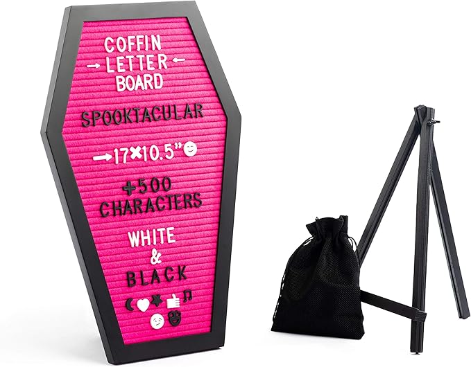 Coffin Letter Board Pink With Spooky Emojis +500 Characters, and Wooden Stand - 17x10.5 Inches - Gothic Halloween Decor Spooky Gifts Decorations