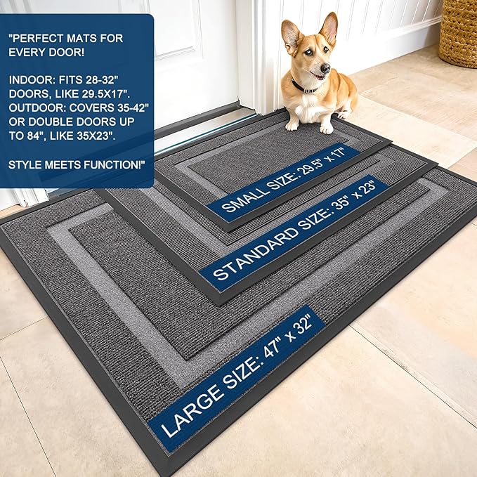 OLANLY Front Door Mat Indoor Outdoor Entrance, Waterproof All-Season, All-Weather Doormat, Sturdy Natural Rubber, Fade Resistant, Low Profile, Easy Clean Patio Porch Entryway Mat, 59x23, Dark Grey