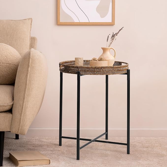 DINGTAI Small Wicker Round End Table, 16.5 in Rattan End Tables with Removable Tray, Waterproof Sofa Coffee Side Table, Indoor Outdoor Side Tables for Patio, Living Room Bedroom Office