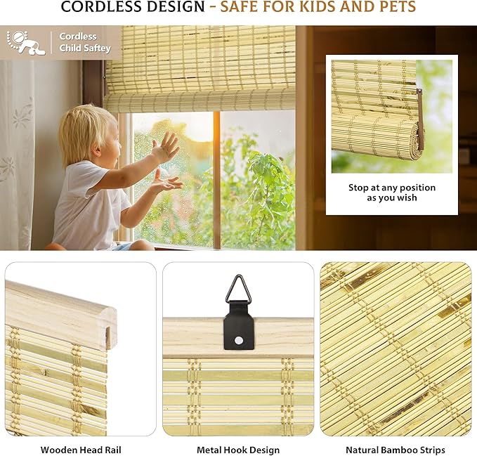 LazBlinds Cordless Bamboo Blinds, Roll Up Shades