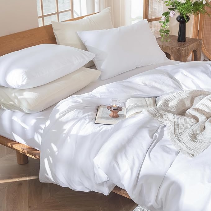 MooMee Bedding Duvet Cover Set 100% Washed Cotton Linen Like Textured Breathable Durable Soft Comfy (Solid Bright White, Super Queen 90"x98")