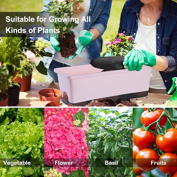 Oliz Window Box Planter 8 Pcs, 17 Inches Rectangle Flower Pots with Drainage Holes & Trays, Vegetable Planters for Windowsill Patio Garden Balcony Home Indoor Outdoor (Pink, 16 * 7 * 6 inch)