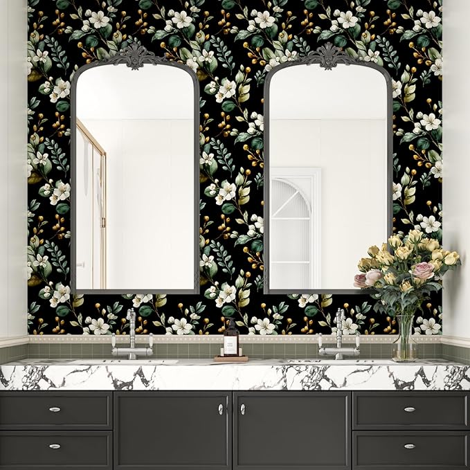 Black Floral Wallpaper Peel and Stick, Vintage Dark Green Leaves
