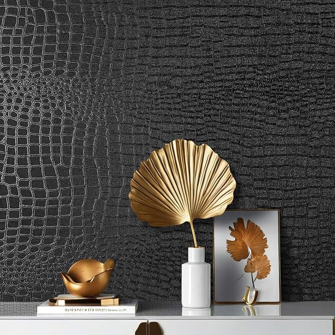 Arthome 17"×240" Black Crocodile Peel and Stick Wallpaper, Charcoal Black