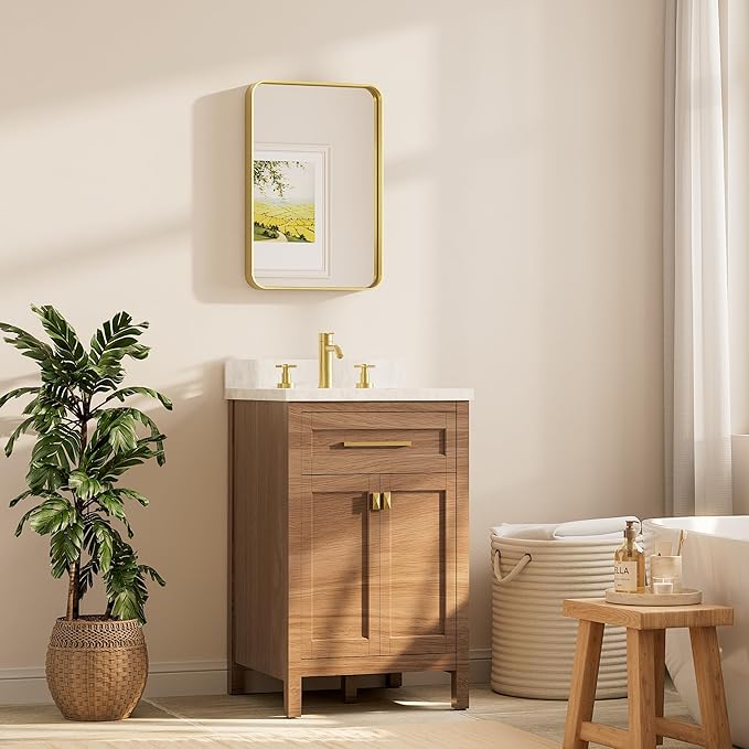 TETOTE 16 x 24 Inch Brushed Gold Frame Mirror, Brass Gold Bathroom Vanity Mirror