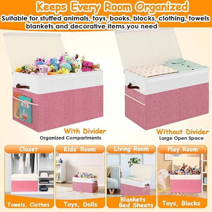 Large Toy Storage Box with Lid Upgraded Toy Storage Chest Organizer with Divider Foldable Toy Bin for Kids Boys Girls Playroom Nursery Bedroom (25"x13"x16")