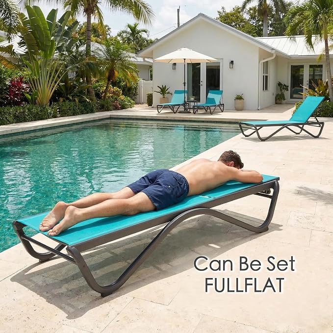 Kozyard Outdoor Chaise Lounge Chair, All Aluminum Frame, Fully Flat Adjustable Reclining Patio Lounger for Poolside, Sunbathing & Backyard, Textilene (Aqua, 2Chairs)
