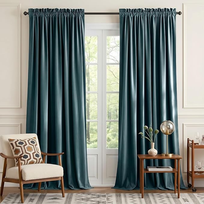 NICETOWN Room Darkening Greyish Blue Velvet Curtains, Rod Pocket Super Soft