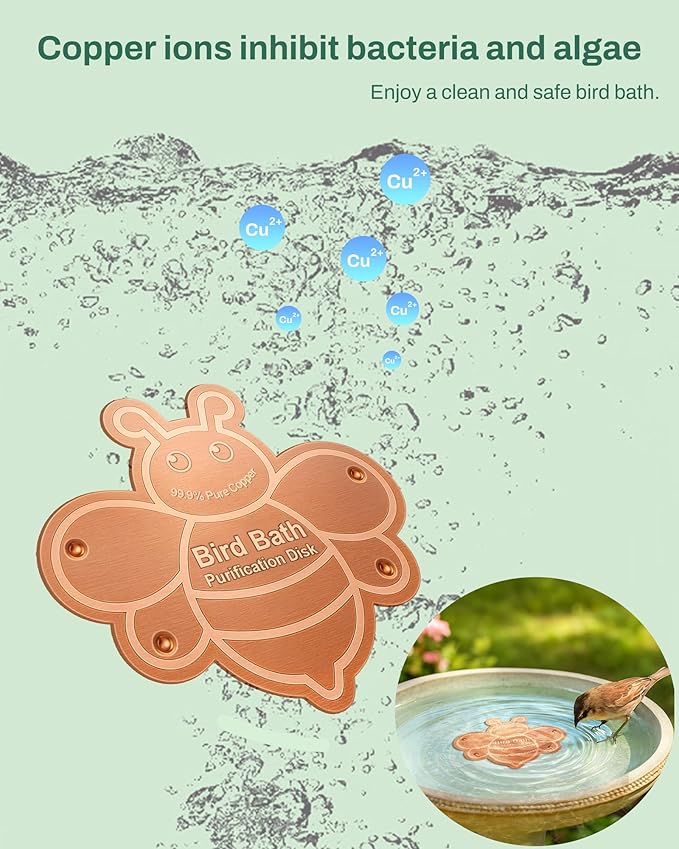 Bird Bath Purification Disk Pure Copper Outside Winter Solar Power Birdbath Outdoor Winter Backyard Humming Feeder Cage Dispenser Heater Bowl Pedestal Fountain Cleaner Garden Women Gift Bee