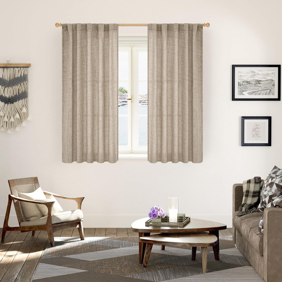 YoungsTex Dark Oatmeal Linen Curtains 54 Inch Length for Short Windows, Tan Semi Sheer Drapes Light Filtering with Rod Pocket Back Tab for Living Room Kitchen Bathroom, 2 Panels, 42 X 54 Inch