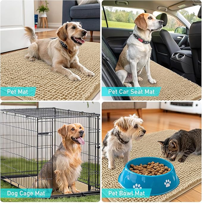 OLANLY Dog Door Mat for Muddy Paws 47x17, Absorbs Moisture and Dirt, Absorbent Non-Slip Washable Doormat, Quick Dry Chenille Mud Mat for Dogs, Entry Indoor Entryway Carpet for Inside Floor, Beige