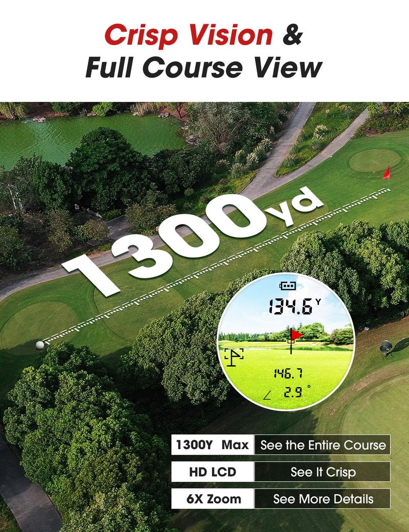 Golf Rangefinder with Slope & Magnet，1300 Yards Range Finder for Golf，Flag Locking Vibration，6-6.5X Magnification & HD LCD，Rechargeable Golf Range Finder