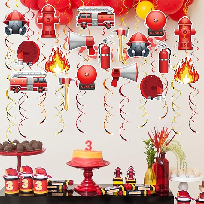 Firefighter Party Hanging Swirls, 48 Pcs,Fire Truck Party Decoration Sign,Hydrants Fire Rescue Equipment Theme Party Supplies for Birthday,Red Orange Yellow