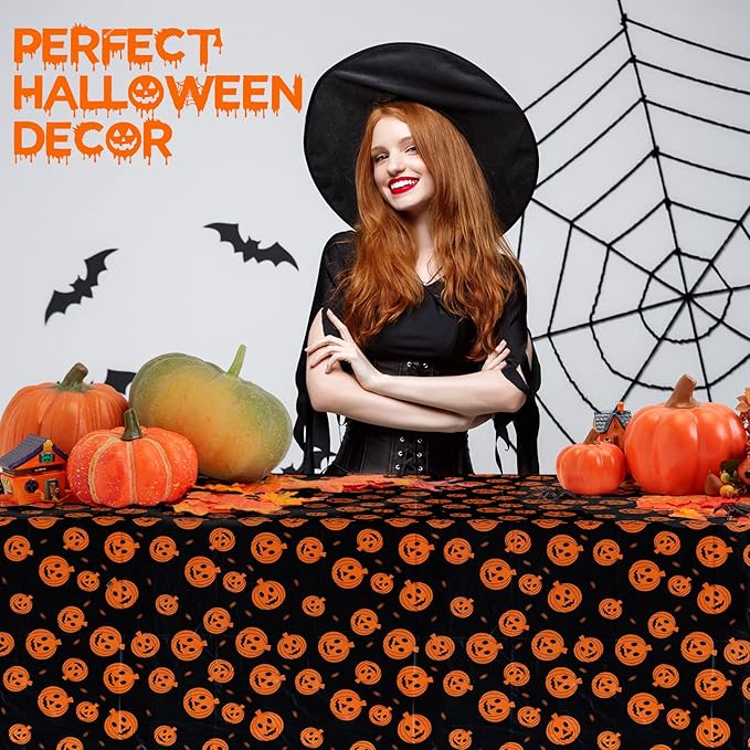 Halloween Tablecloth, 6-Pack Disposable Table Cloths, Pumpkins Plastic Covers, 54 x 108 Inches, Party Decorations