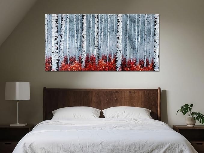 Arjun Birch Tree Wall Art White Landscape Painting Grey Canvas Forest Red Nature Panoramic Picture Rustic for Living Room Bedroom Home Office Decor, Large 48"x24"