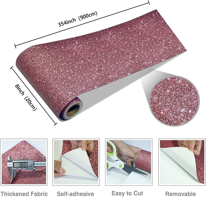CRE8TIVE Glitter Wallpaper Border Peel and Stick Rose Gold Wallpaper Wall
