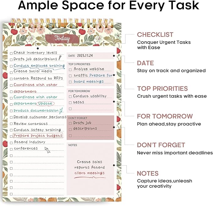 Taja To Do List Notepad - To Do List Notebook for Work with 52 Sheets, Undated Daily Planner Perfect for Daily Tasks and Goal Setting, Notepad Suitable for Office, Home & School - Cherry Orchard