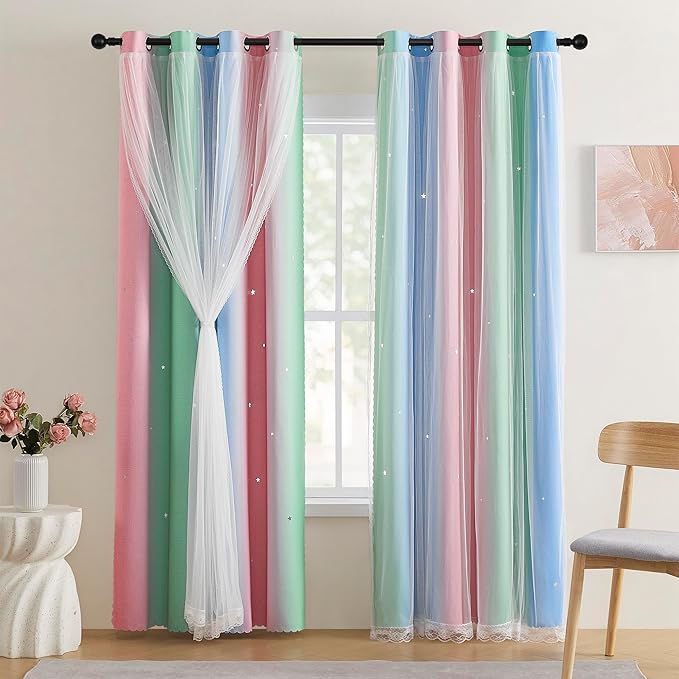 XiDi Pink & Rainbow Curtains for Kids & Girl Bedrooms