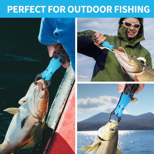 FLISSA Folding Fish Gripper with Lanyard, Lightweight Aluminum Fish Grabber, Portable Fish Lip Gripper Holder for Saltwater and Freshwater Fishing