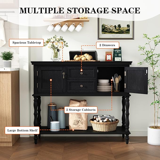 ARTPOWER Console Table with 2 Drawers, Retro Entryway Table with 2 Door Cabinets and Open Storage Shelf, Narrow Long Behind Couch Sofa Table for Living Room, Foyer, Hallway, Black