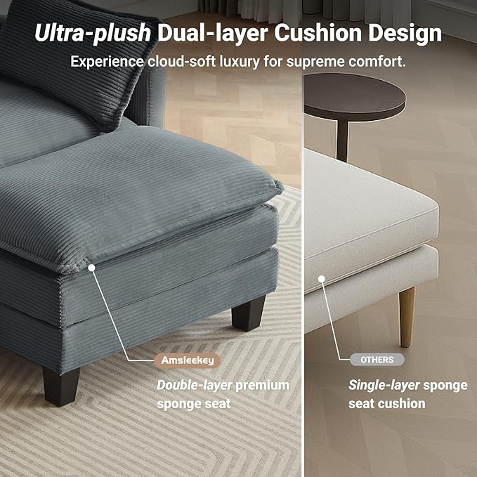 Modular Sectional Sofa, 111.5" U-Shaped Corduroy Comfy Sectional Couches for Living Room, 3-Seater Cloud Couches with 2 Movable Ottomans, Flexible Combination Modern Deep Seat Sofa (Grey)