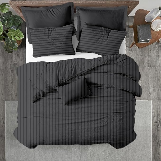 Kotton Culture 120"x98" 3 Pc Oversized King Duvet Cover Set 100% Egyptian Cotton - 600 TC Comforter Cover, Zipper Closure & Corner Ties - Fits Large King Inserts (Oversized King,Striped Dark Grey)