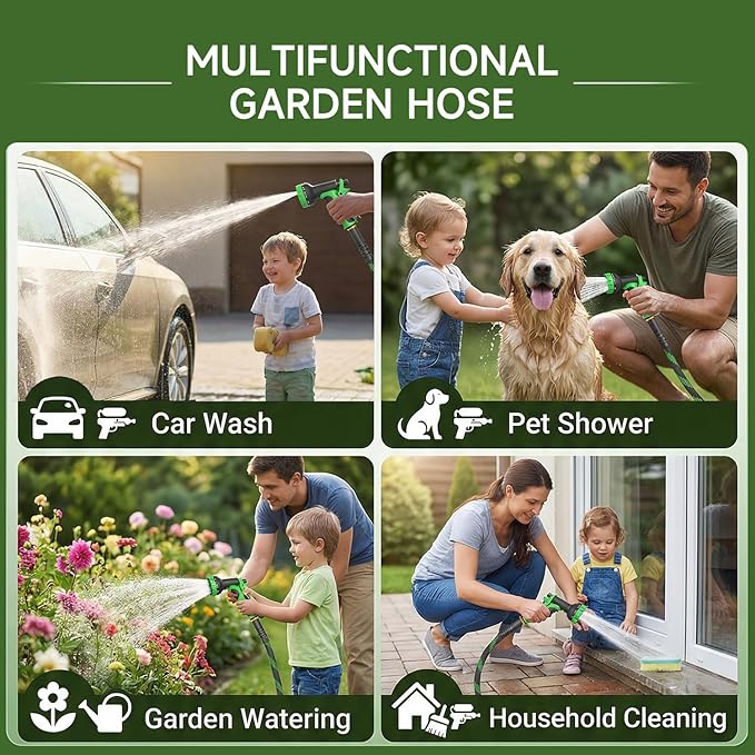 Non-Expandable Garden Hose 25 FT, Heavy-Duty & Flexible Water Hose with 10-Function Nozzle, Kink-Free & Leak-Proof Design, Ultra Lightweight Portable Yard Hose for Lawn, Car, Outdoor Use