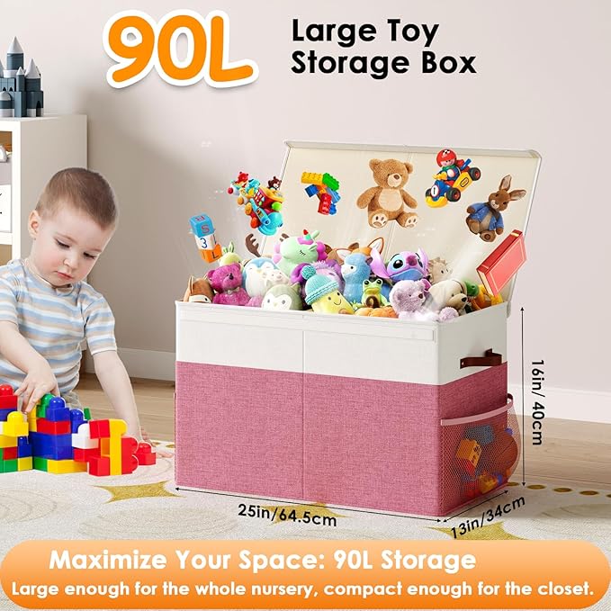 Large Toy Storage Box with Lid Upgraded Toy Storage Chest Organizer with Divider Foldable Toy Bin for Kids Boys Girls Playroom Nursery Bedroom (25"x13"x16")