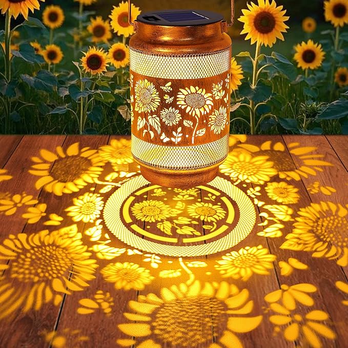 2 Pack Sunflower Solar Lanterns Outdoor Waterproof Solar Garden Decor, Birthday Gifts for Mothers Day Women Mom Grandma, Metal Hanging Lights with Shepherd Hook for Outside Yard Patio Pathway Backyard