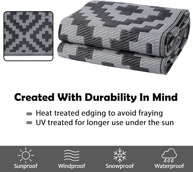 SAND MINE Waterproof Outdoor Rug 5x8 ft, Plastic Reversible Rug, Modern Area Rug, Large Floor Mat for Outdoors, RV, Patio, Backyard, Deck, Picnic, Beach, Camping, Black Grey Lattice