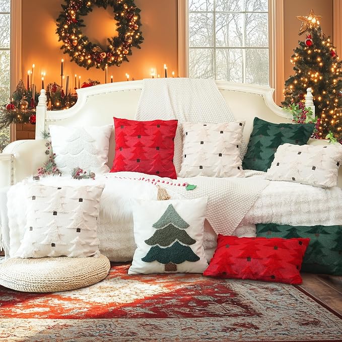 GEEORY Christmas Pillow Covers 12x20 Inch Set of 2, Christmas Decorations Xmas Tree Soft Plush Fluffy Faux Fur Decorative Throw Pillows Farmhouse Winter Cushion Case Beige Brown GC034-12