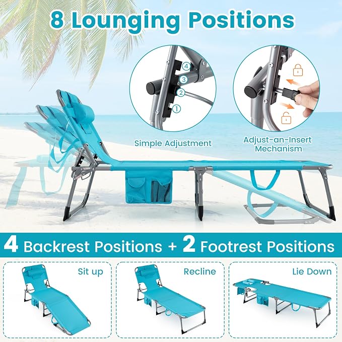 Goplus Tanning Chair, Folding Adjustable Patio Lounge Chair with Face Hole, Removable Pillow, 330LBS, Carry Strap, Outdoor Sunbathing Chair, Lightweight Portable Beach Lounge Chair, No Assembly