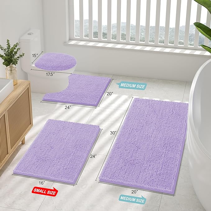 Smiry Luxury Chenille Bathroom Rugs 59x35, Extra Soft and Absorbent Shaggy Bath Mat, Machine Washable, Non-Slip Plush Carpet Runner for Tub, Shower, and Floor, Home Decor Accessories, Purple