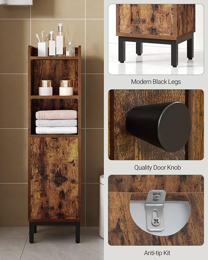 Bathroom Storage Cabinet, Small Corner Floor Cabinet with Door and Shelves, Narrow Toilet Paper Holder, Bathroom Organizer with Adjustable Shelf, for Small Spaces, Rustic Brown BC38201BV1