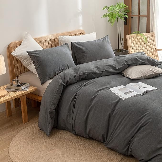 BESTOUCH Duvet Cover Set 100% Washed Cotton Linen Feel Super Soft Comfortable Chic Lightweight 2 PCs Home Bedding Set Solid Dark Grey Twin/Twin XL