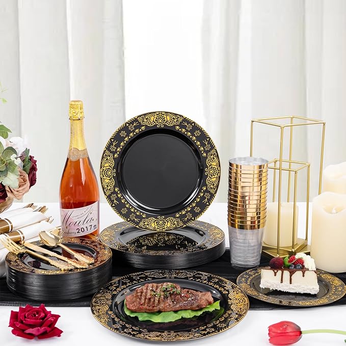 GATHER 350PCS Black and Gold Plastic Plates - Gold Disposable Dinnerware Set Include 50 Dinner Plates, 50 Dessert Plates, 150 Gold Plastic Silverware, 50 Napkins, 50 Cups for Wedding & New Year