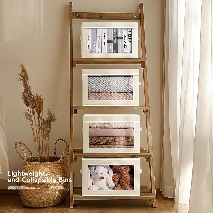 Storage Bins with Lids - Fabric Closet Storage Bins with Window, Collapsible Baskets for Shelves 4 Pack, Home Decorative Boxes for Clothes, Closet, Office, Beige