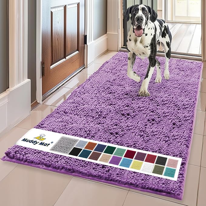 Muddy Mat® | Super Water Absorbent Door Mat Indoor, Microfiber Quick Dry Chenille Entryway Rug, Slip Resistant Front Door Mat, Indoor Mats for Entryway, Machine Washable Pet Rug, Purple 24"x60"
