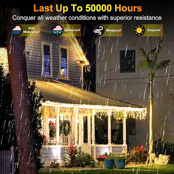 670 LED 66FT Christmas Lights with 148 Drops, 12 Modes Dimmable Warm white Outdoor Hanging Lights with Timer Memory, Waterproof Curtain Lights for Home Bedroom Indoor Tree Window Roof Fence Wedding