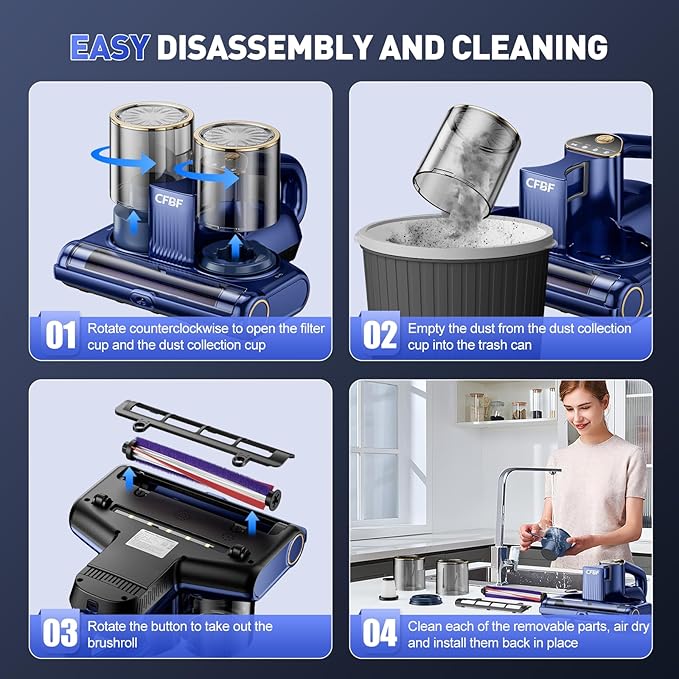 CFBF Mattress Vacuum Cleaner, Bed Vacuum Cleaner with 16Kpa Suction 253.7nm UV-C Light, Ultrasonic & High Heating, 500W Powerful Double-Cup Handheld Vacuums for Bed, Sofa, Couch, Crib, 16.4FT Corded