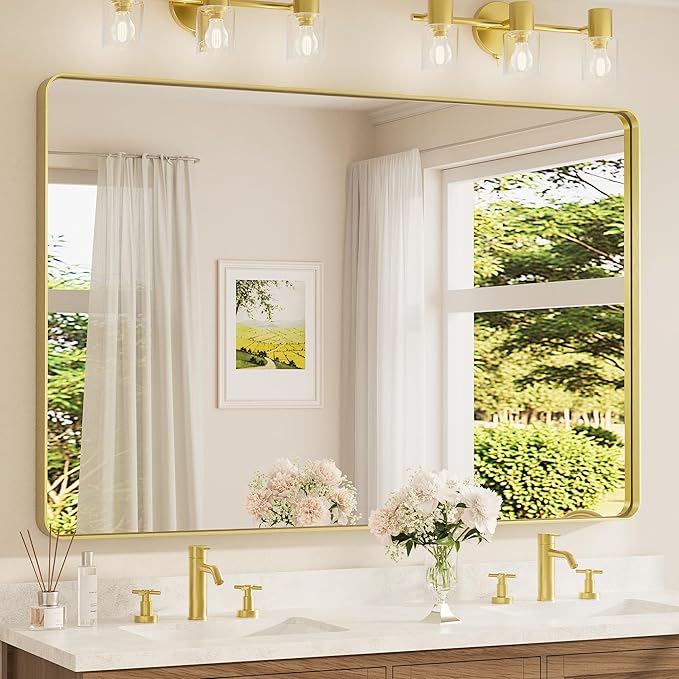 TETOTE 60 x 40 Inch Brushed Gold Frame Mirror, Brass Bathroom Vanity Mirror