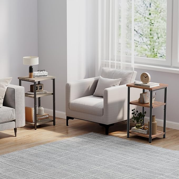 OLIXIS 3 Tier End Table for Small Space, Side Sofa Tables Storage Shelf, Nightstand with Adjustable Feet for Living Room, Bedroom, Office, Set of 1, Rustic Brown