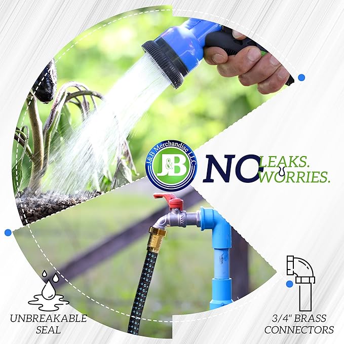 J&B XpandaHose 75ft Expandable Garden Hose – Ultra-Strong 3750D, 4-Layer Latex Core, Brass 3/4" Connectors, 10-Pattern Nozzle & Storage Bag – Lightweight, Kink-Reducing, Leak-Resistant