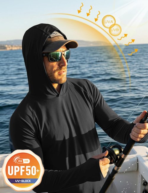 MAGCOMSEN Men's Long Sleeve Hooded Fishing Shirt - UPF 50+ Sun Protection Rash Guard
